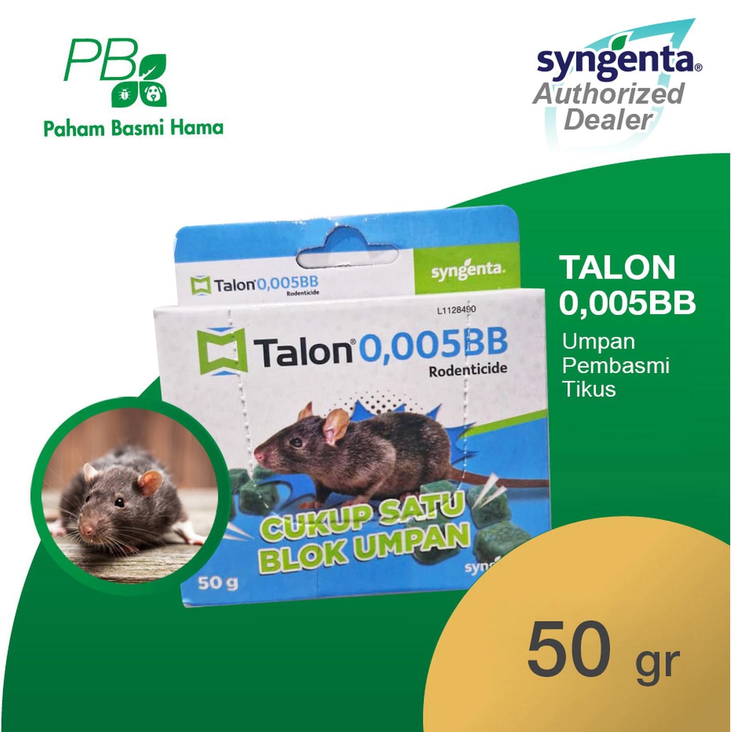 Talon 0.005 BB - Racun Tikus Sampai Sarang - Aman Bagi Hewan Lain - Tidak Berbau - Mati Kering - Racumin - Syngenta - 50 Gr